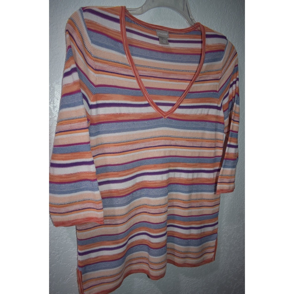Chicos Linen Blend Top 1/Medium Colorful Stripes V-Neck 3/4 Sleeves Lightweight - Picture 7 of 16